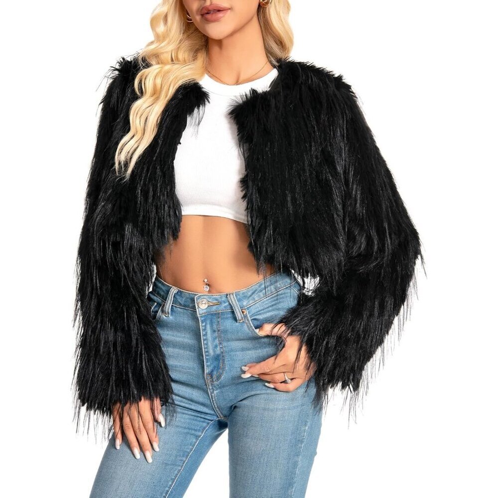 Women Plus Size Faux Fur Cropped Fuzzy Jacket Fluffy Fall Winter Coat Black